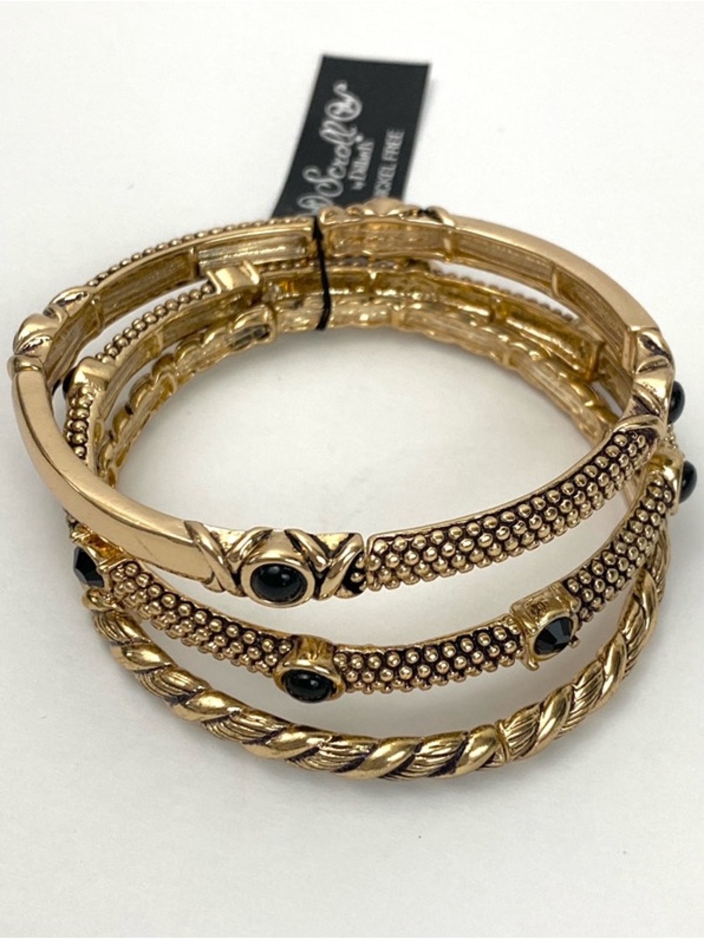 Gold-Tone Black Stone Stackable Bracelet Set